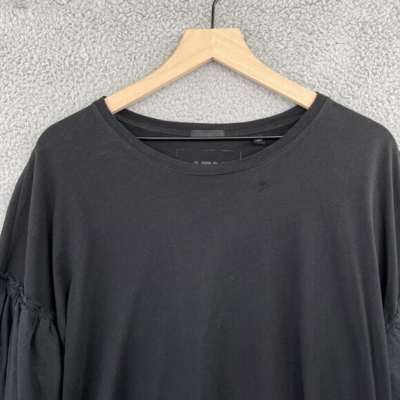 ATM Top Medium Ruffled 3/4 Sleeve Round Neck Black Jersey Blouse Career Minimal - Picture 2 of 13